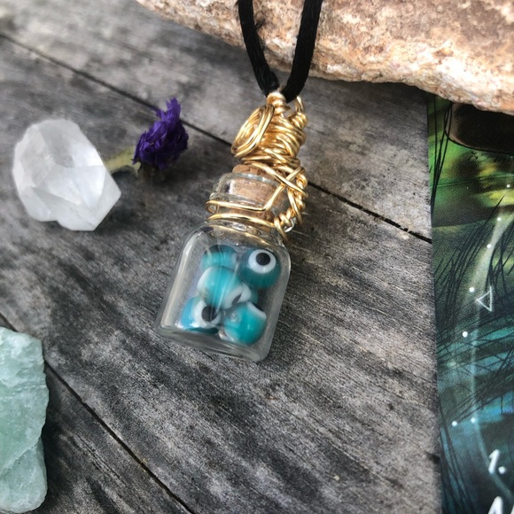 Evil Eye Protection Bottle Necklace Wire Wrapped - Gold Wire - Picture 3 of 12